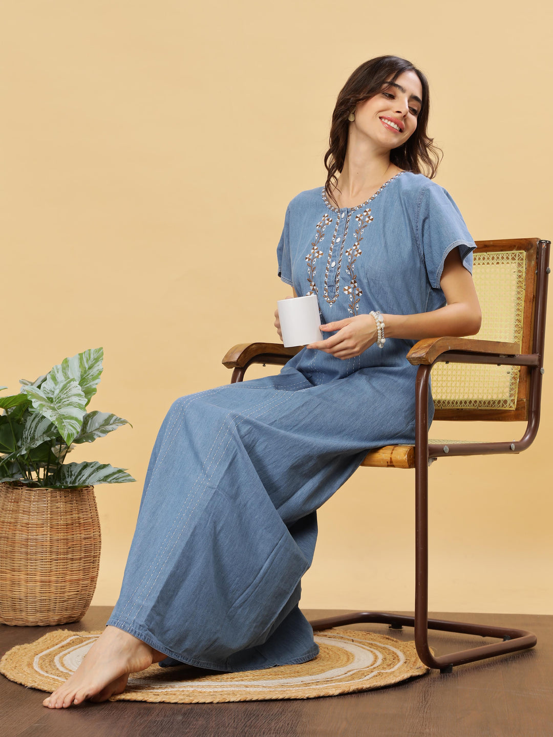 Intricate Embroidery Sky Blue Nighty - Luxurious Cotton Lounge Wear