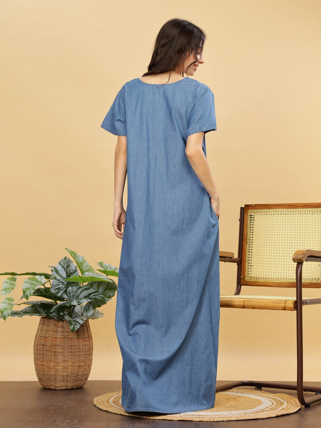 Sky Blue Cotton Embroidered Maxi Nighty | Comfort & Style Combined