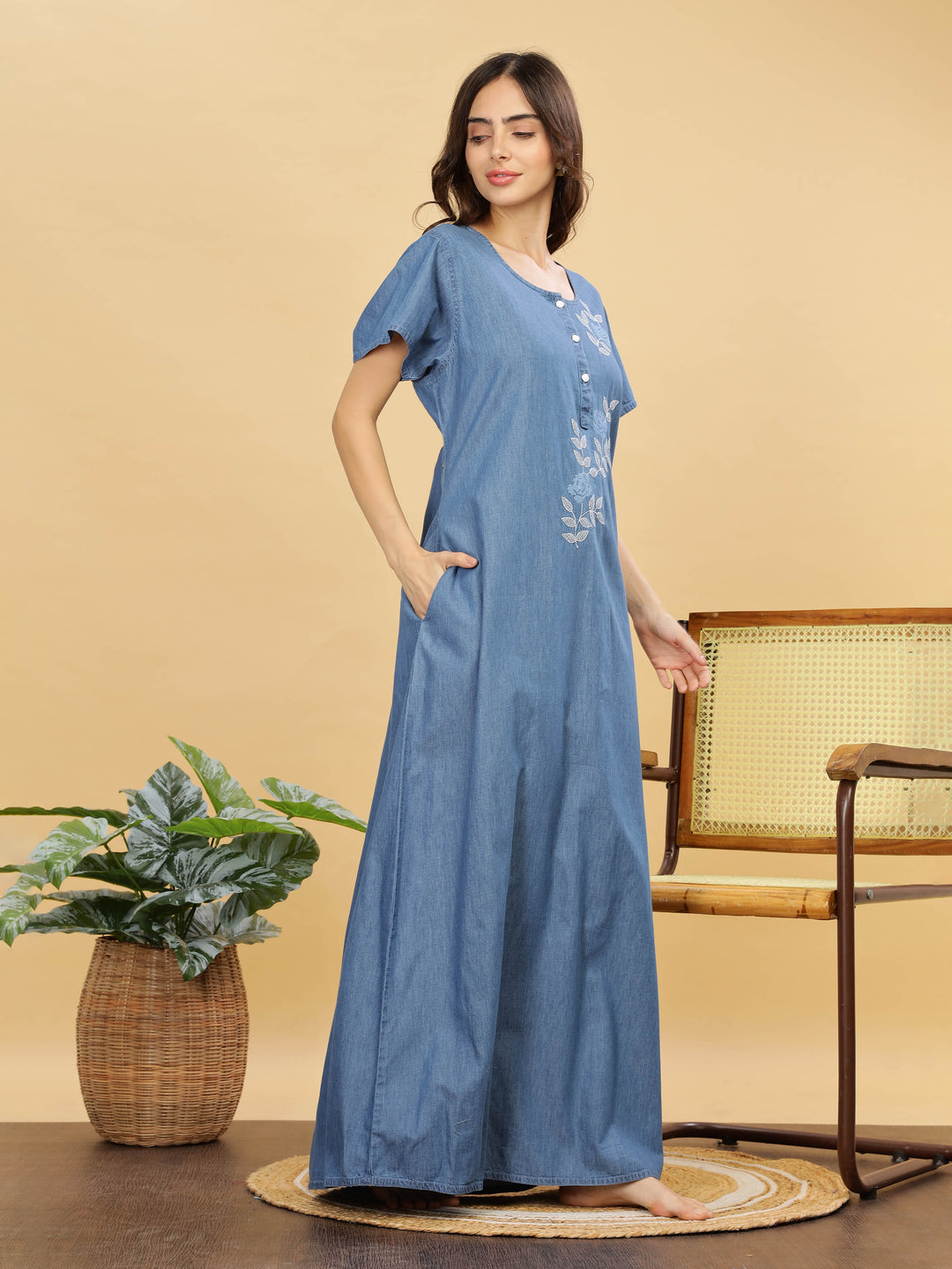 Sky Blue Cotton Embroidered Maxi Nighty | Comfort & Style Combined