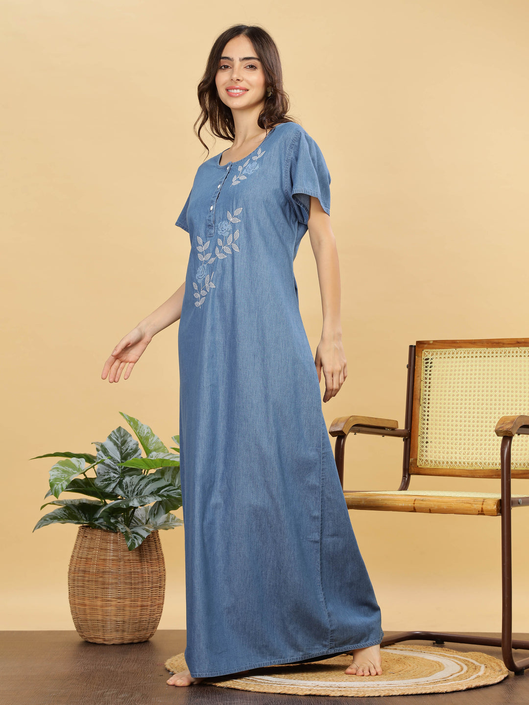 Sky Blue Cotton Embroidered Maxi Nighty | Comfort & Style Combined