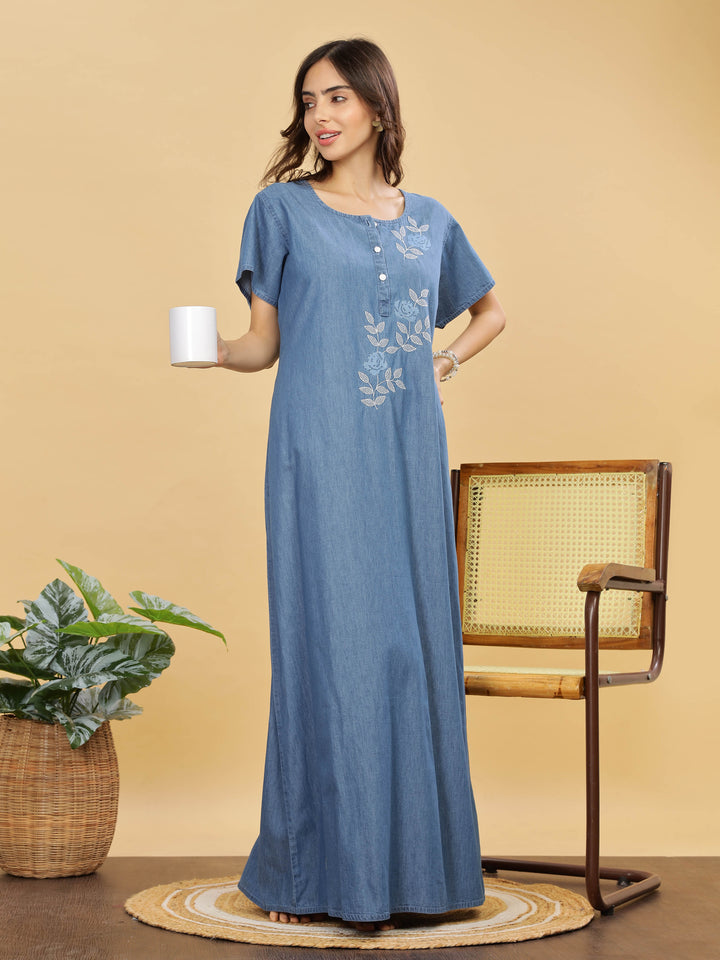 Sky Blue Cotton Embroidered Maxi Nighty | Comfort & Style Combined