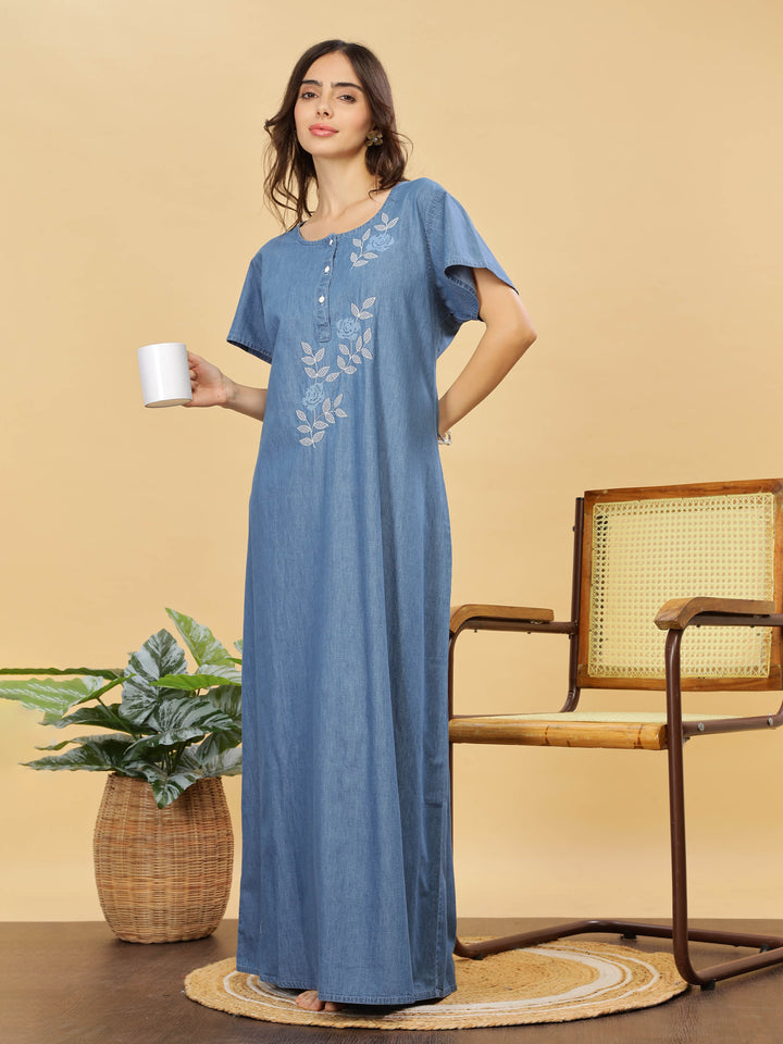 Sky Blue Cotton Embroidered Maxi Nighty | Comfort & Style Combined