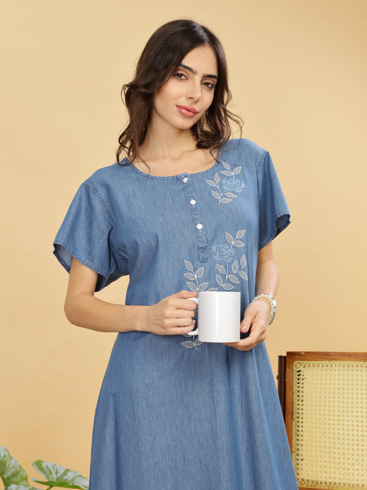 Sky Blue Cotton Embroidered Maxi Nighty | Comfort & Style Combined