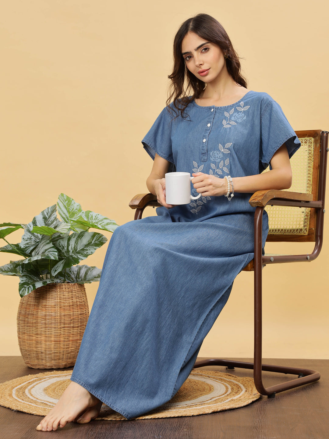 Sky Blue Cotton Embroidered Maxi Nighty | Comfort & Style Combined