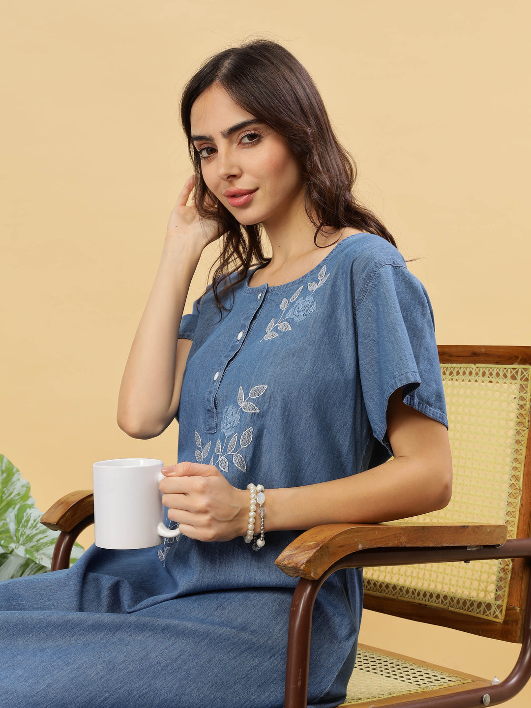 Sky Blue Cotton Embroidered Maxi Nighty | Comfort & Style Combined