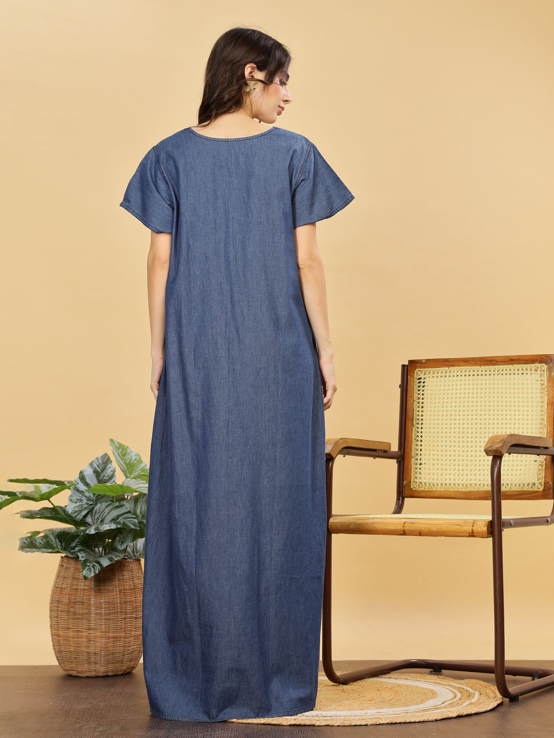 Soft Denim Blue Nighty with Pink Floral Embroidery – Maxi Length