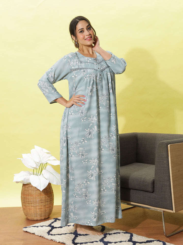 Light Blue Embroidered Nightdress With Soft and Stylish 3/4 Sleeve