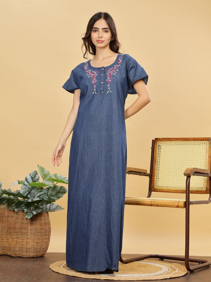 Soft Denim Blue Nighty with Pink Floral Embroidery – Maxi Length