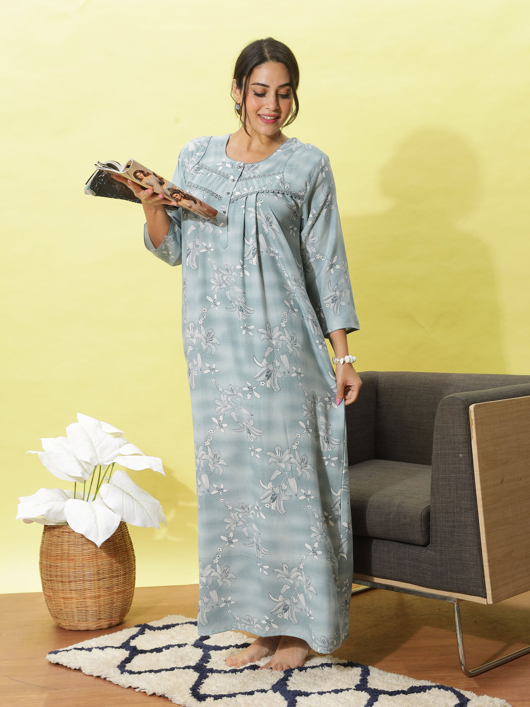 Light Blue Embroidered Nightdress With Soft and Stylish 3/4 Sleeve