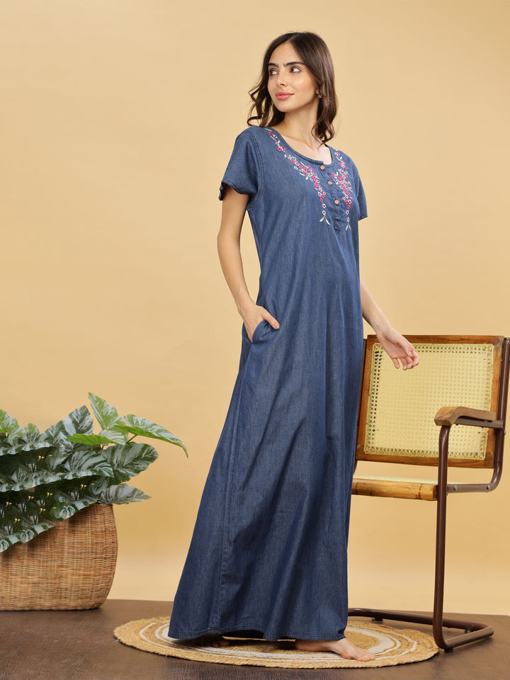 Soft Denim Blue Nighty with Pink Floral Embroidery – Maxi Length