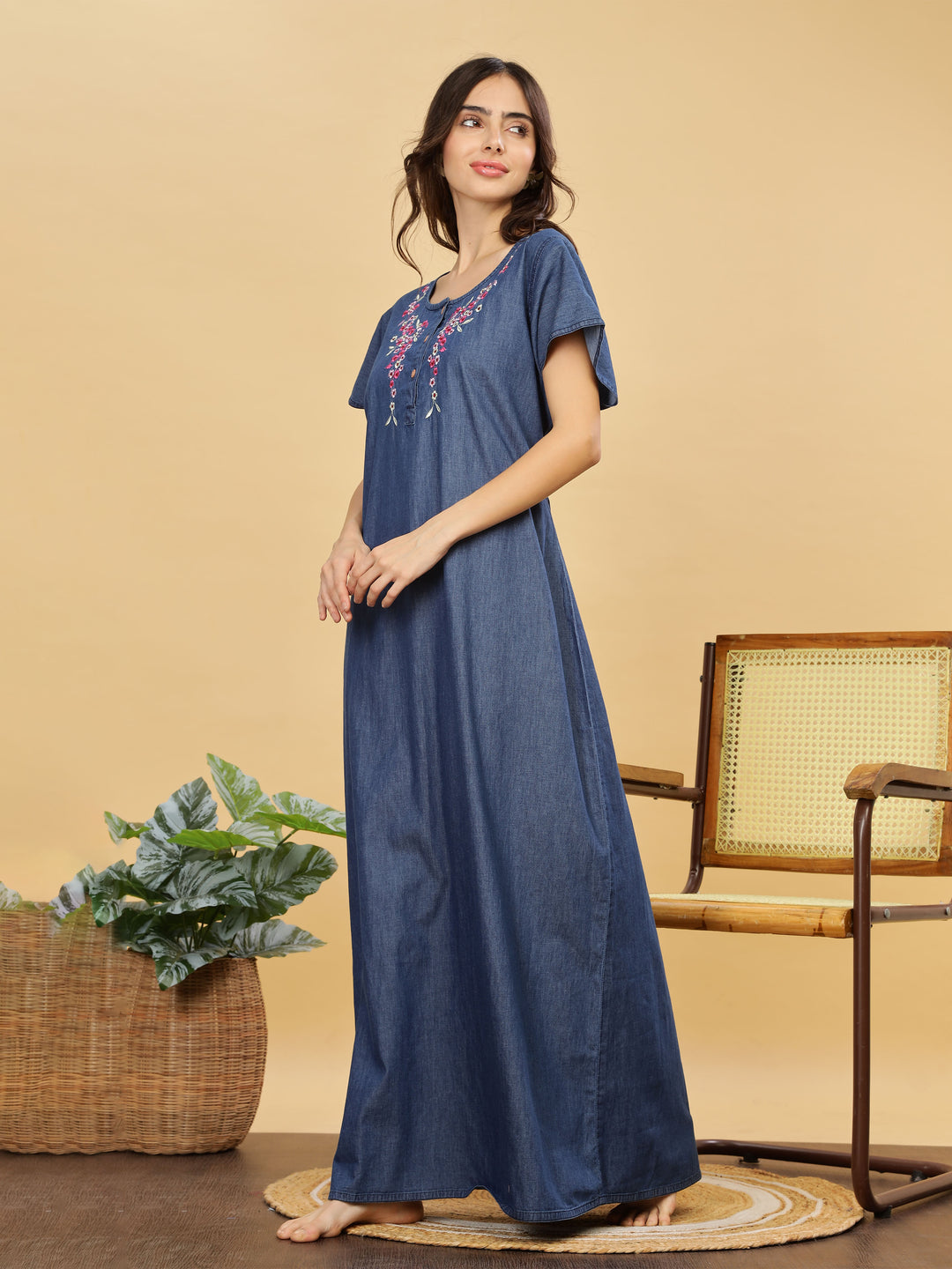 Soft Denim Blue Nighty with Pink Floral Embroidery – Maxi Length