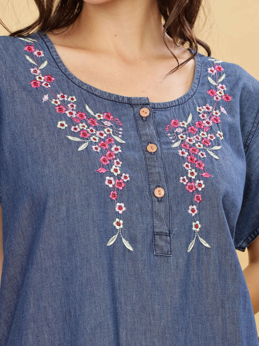 Soft Denim Blue Nighty with Pink Floral Embroidery – Maxi Length