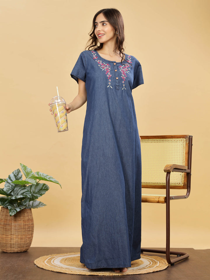 Soft Denim Blue Nighty with Pink Floral Embroidery – Maxi Length