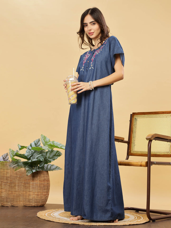 Soft Denim Blue Nighty with Pink Floral Embroidery – Maxi Length