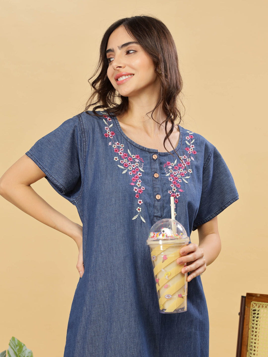 Soft Denim Blue Nighty with Pink Floral Embroidery – Maxi Length