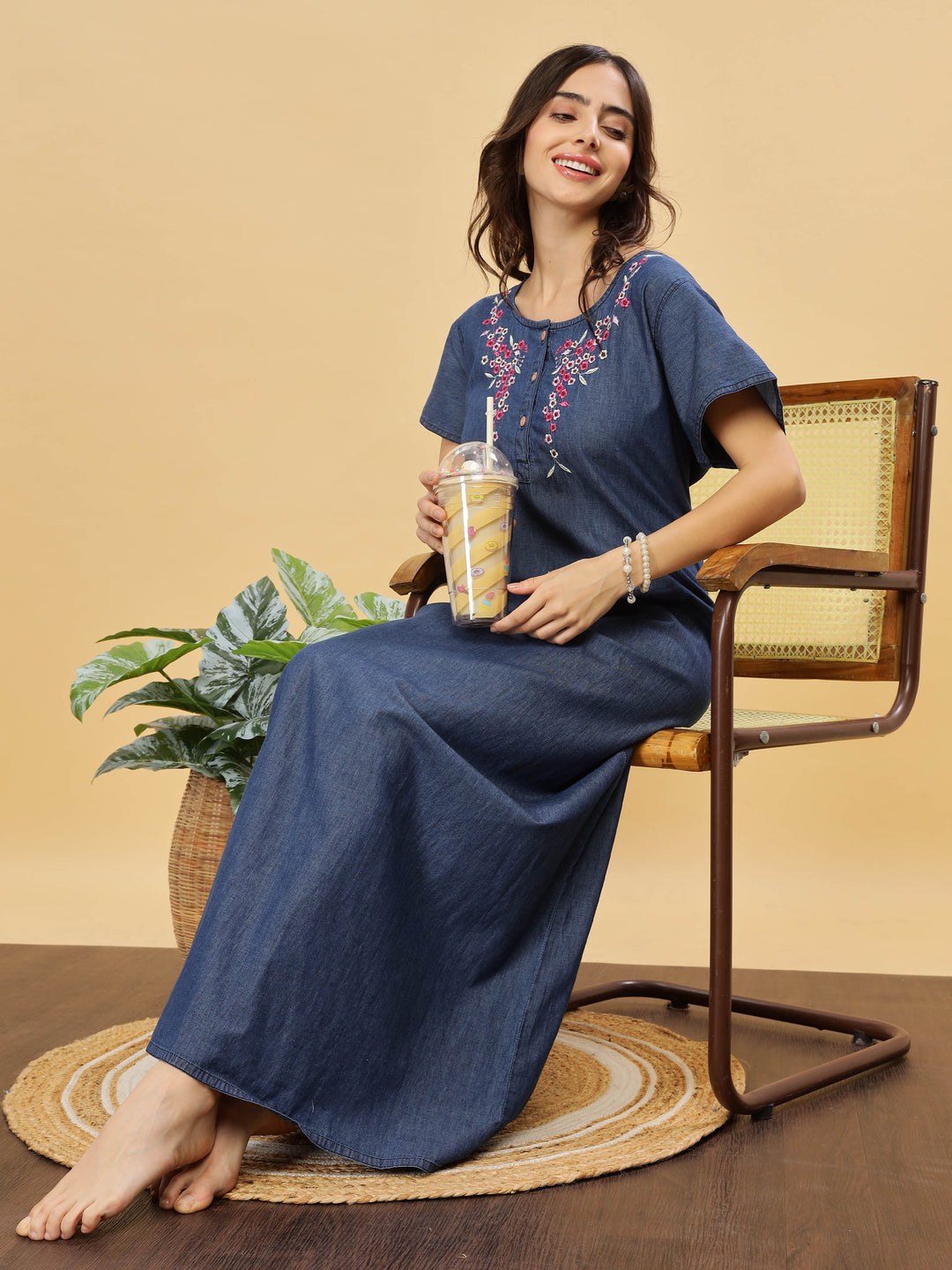 Soft Denim Blue Nighty with Pink Floral Embroidery – Maxi Length