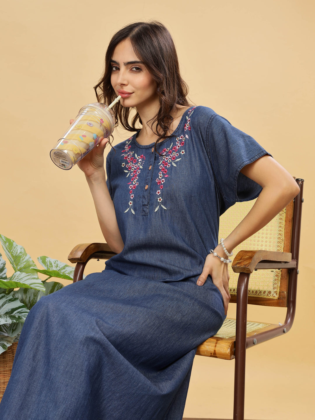 Soft Denim Blue Nighty with Pink Floral Embroidery – Maxi Length