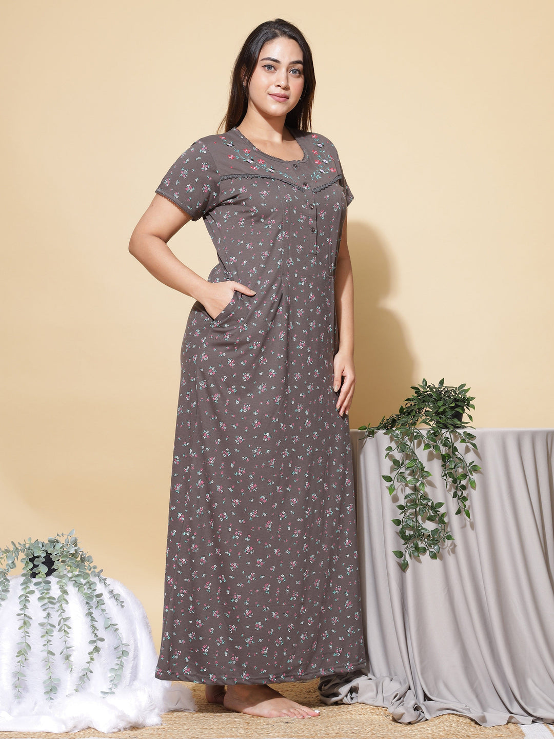 Maroon Embroidery Soft Cotton Long Sleeves Nighty. Soft Breathable