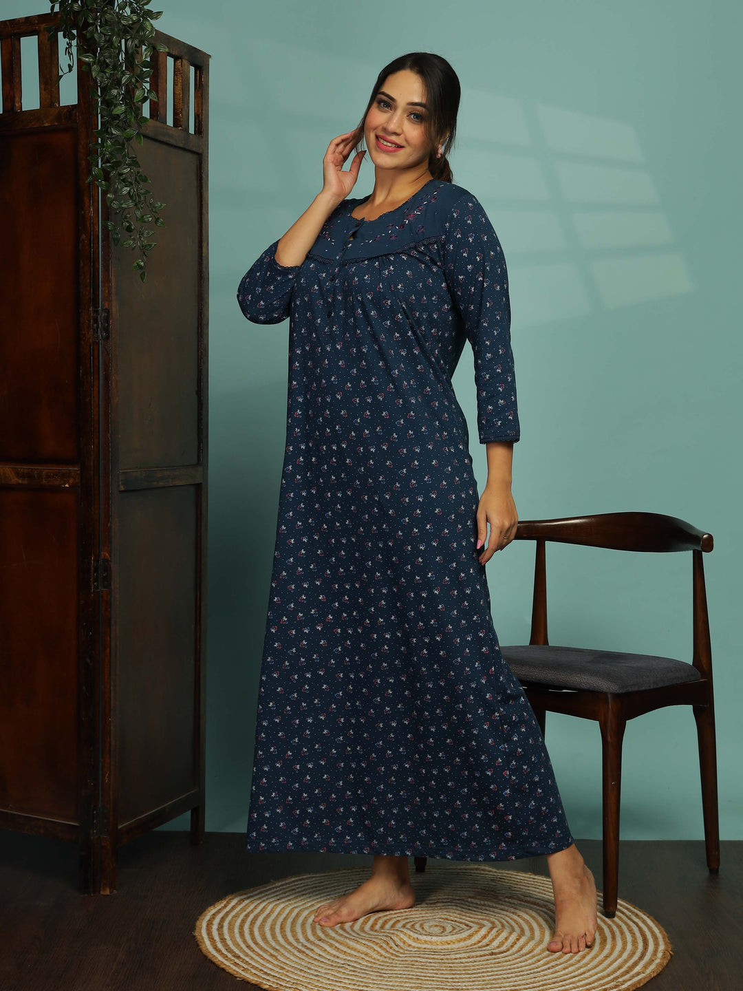 Elegant Electric Blue Floral Nighty with 3/4th Sleeves for Women