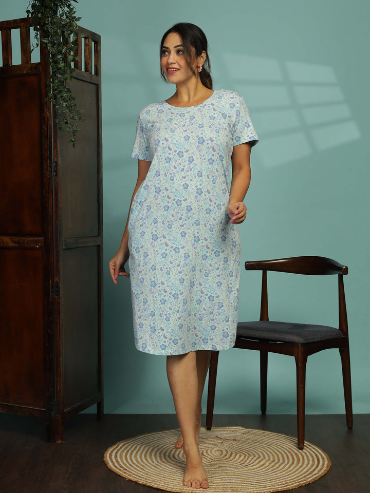 Light Blue Plus Size Printed Short Nighty for Women