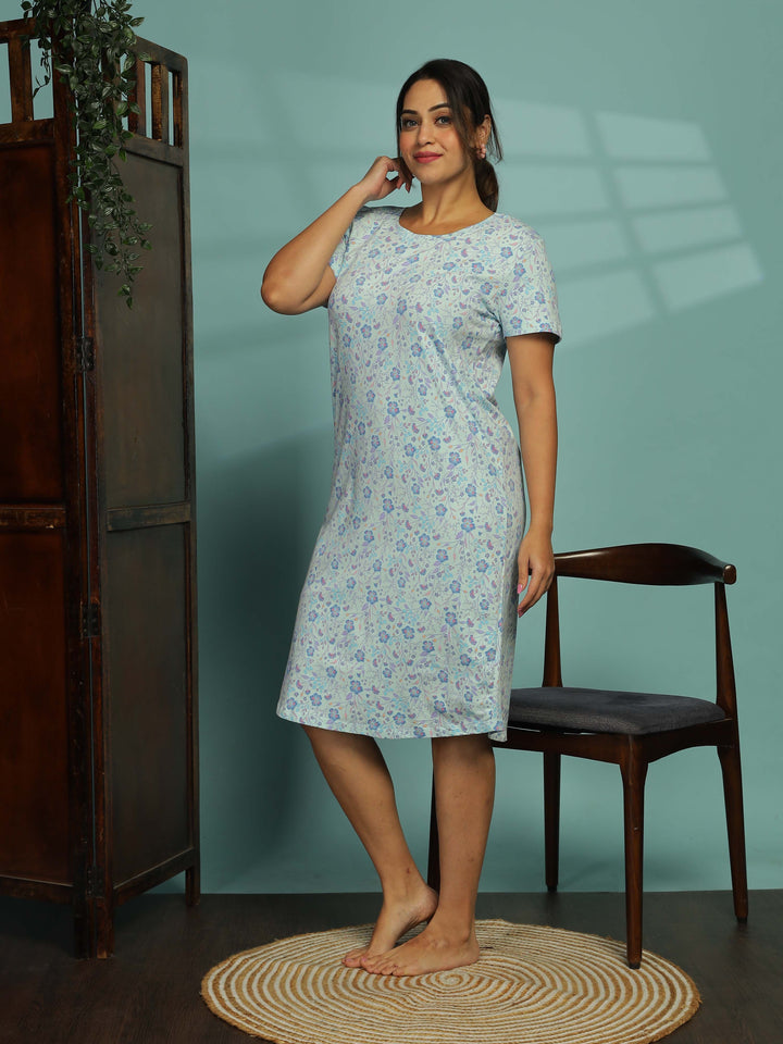 Light Blue Plus Size Printed Short Nighty for Women