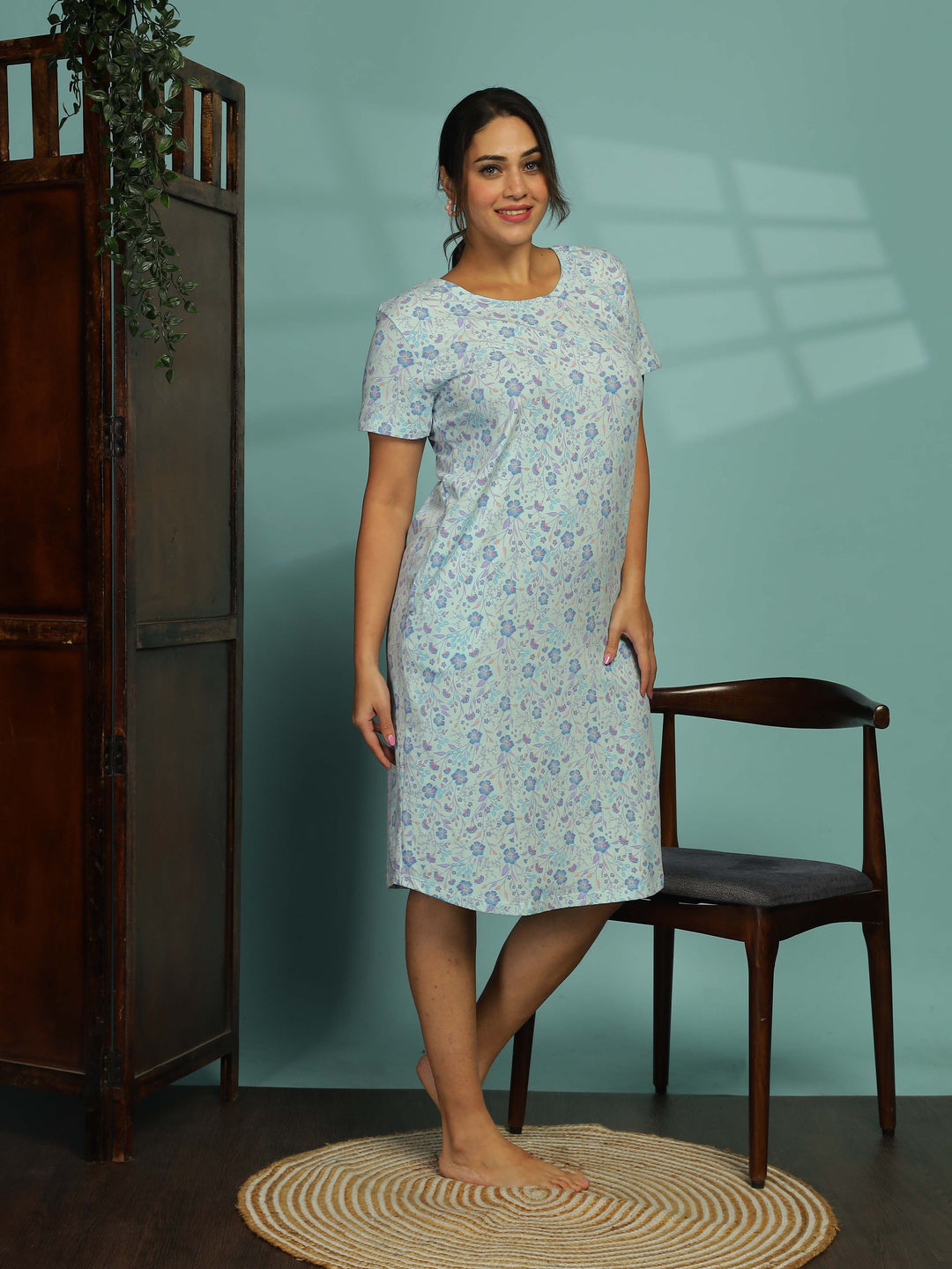 Light Blue Plus Size Printed Short Nighty for Women