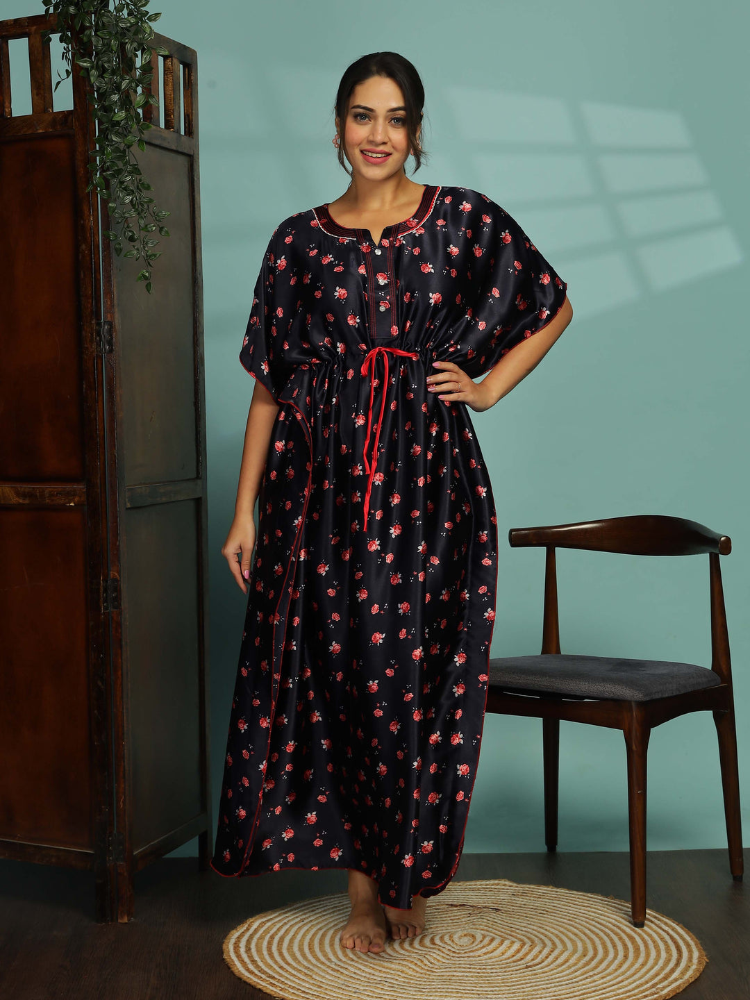 Dark Blue Satin Kaftan Nightgown for Stylish Comfort