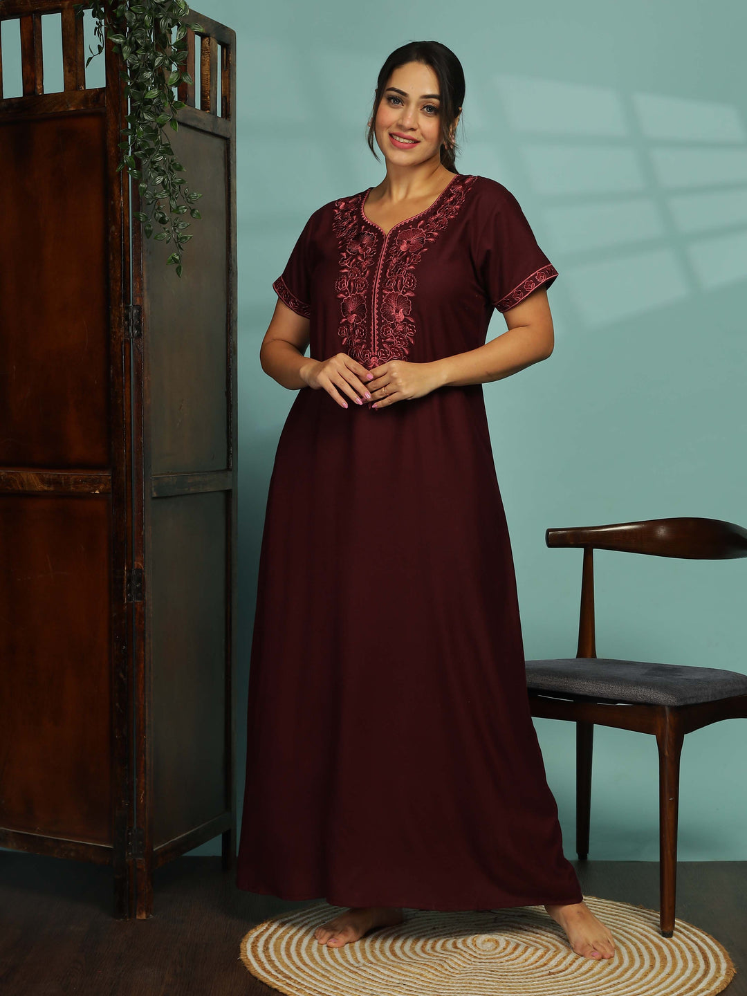 Sadabahar Rose Wood Designer Alpine Nighty for Women