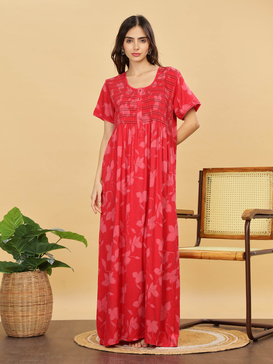 Red Smoky Pleated Maxi Nighty for Women with Front Open Buttons