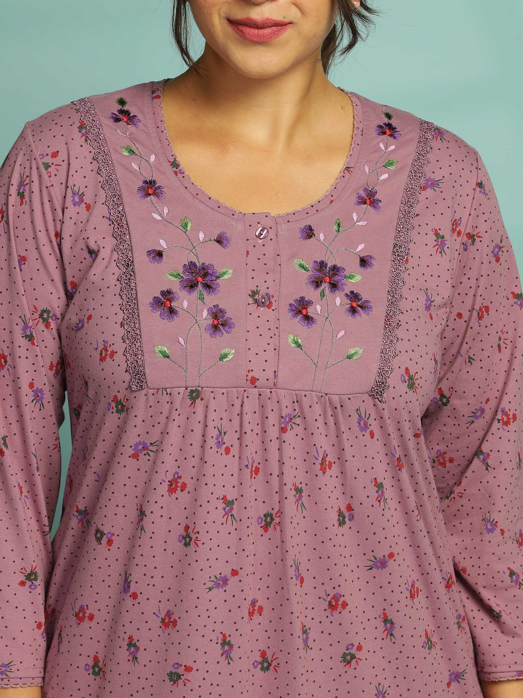 Purple Floral Nighty with Embroidery & 3/4th Sleeves