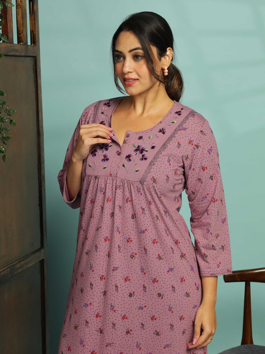 Purple Floral Nighty with Embroidery & 3/4th Sleeves