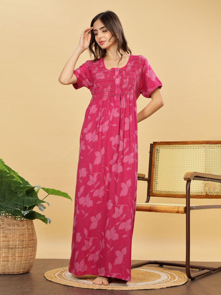 Rani Pink Smoky Pleated Designer Nighty with Pocket for Women