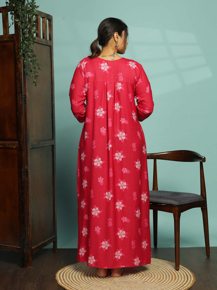 Designer Pink Nighty with Embroidery With 3/4th Sleeve Maxi Dress