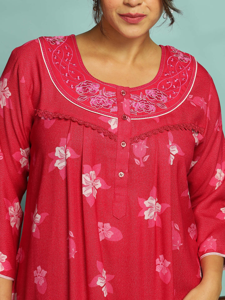 Designer Pink Nighty with Embroidery With 3/4th Sleeve Maxi Dress