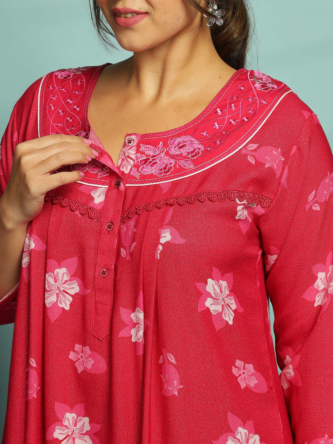 Designer Pink Nighty with Embroidery With 3/4th Sleeve Maxi Dress