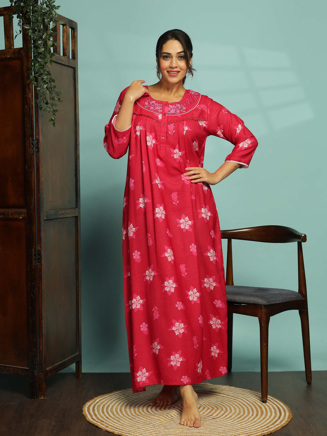 Designer Pink Nighty with Embroidery With 3/4th Sleeve Maxi Dress