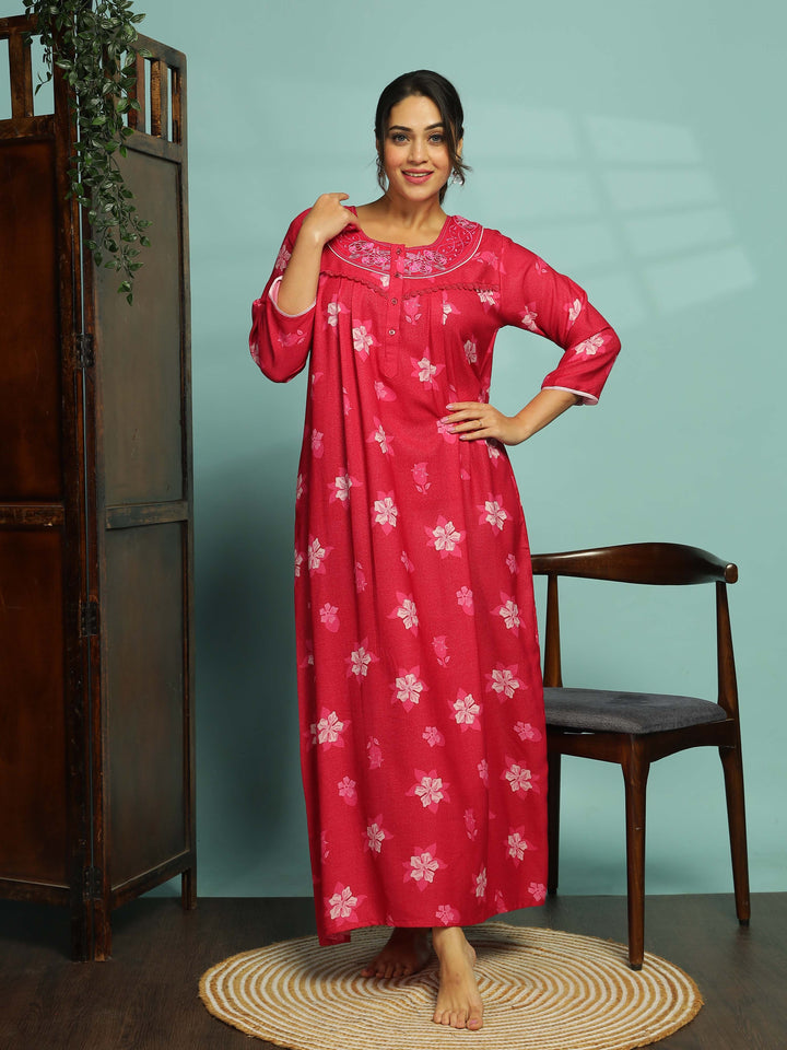 Designer Pink Nighty with Embroidery With 3/4th Sleeve Maxi Dress