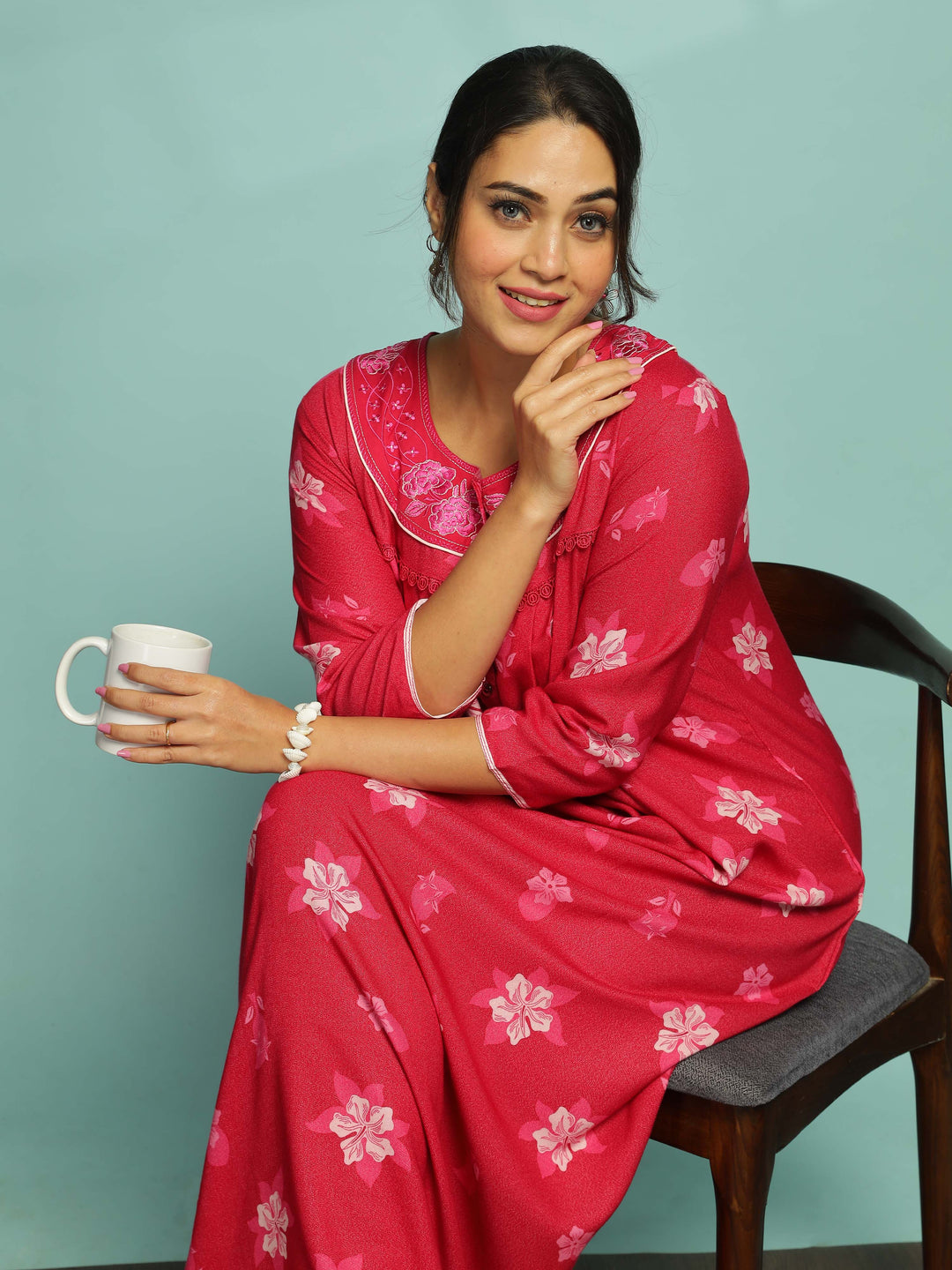 Designer Pink Nighty with Embroidery With 3/4th Sleeve Maxi Dress