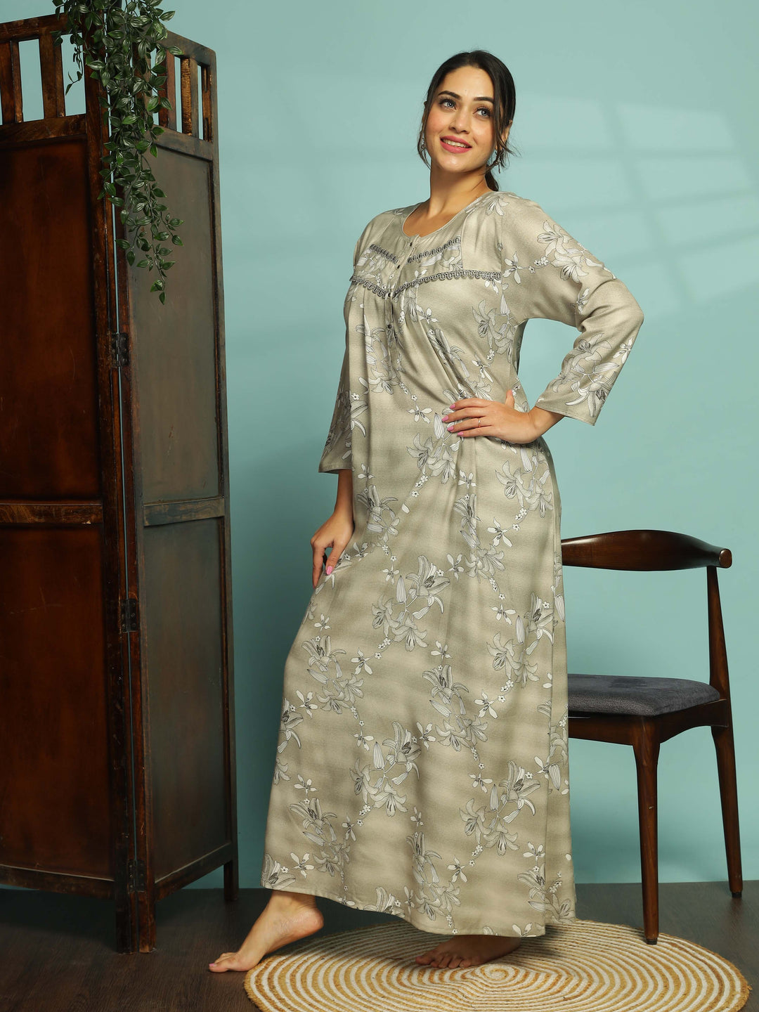 Graceful Light Grey Long Nighty With Breathable Fabric for All Seasons