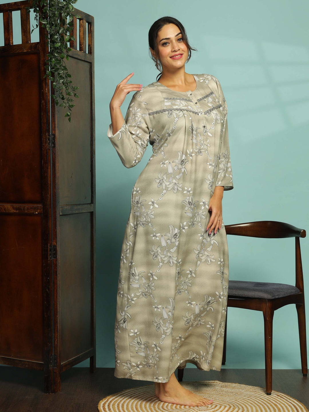 Graceful Light Grey Long Nighty With Breathable Fabric for All Seasons