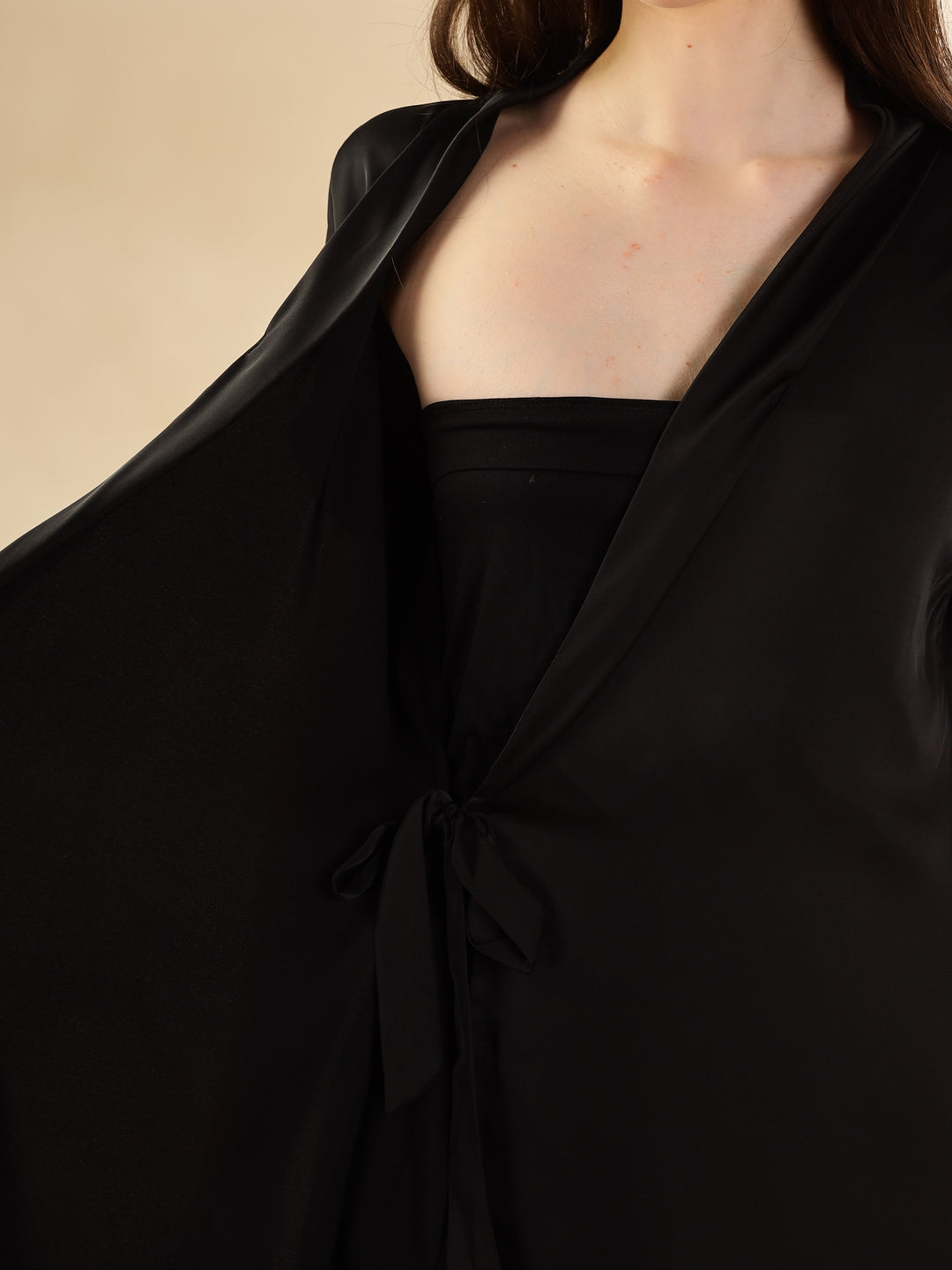 Black Satin House Coat with Shawl Collar and Adjustable Waist Tie