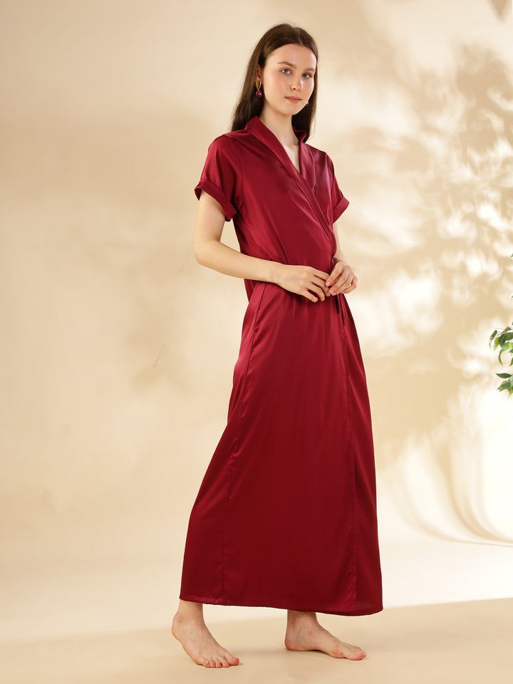 Red Satin House Coat Stylish Front Open Robe with Luxurious Finish