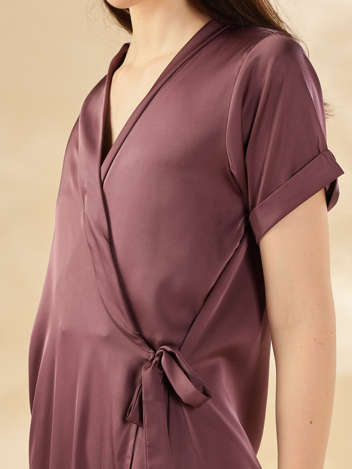 Grape Satin House Coat Elegant Maxi with Short Sleeves and Pockets