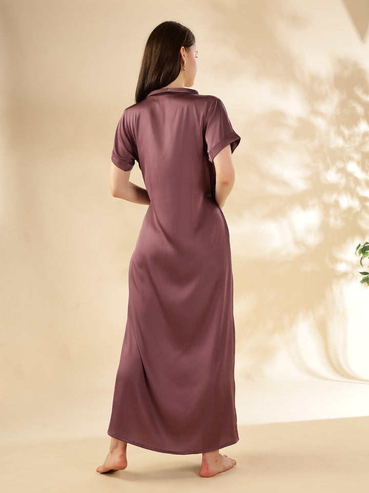 Grape Satin House Coat Elegant Maxi with Short Sleeves and Pockets