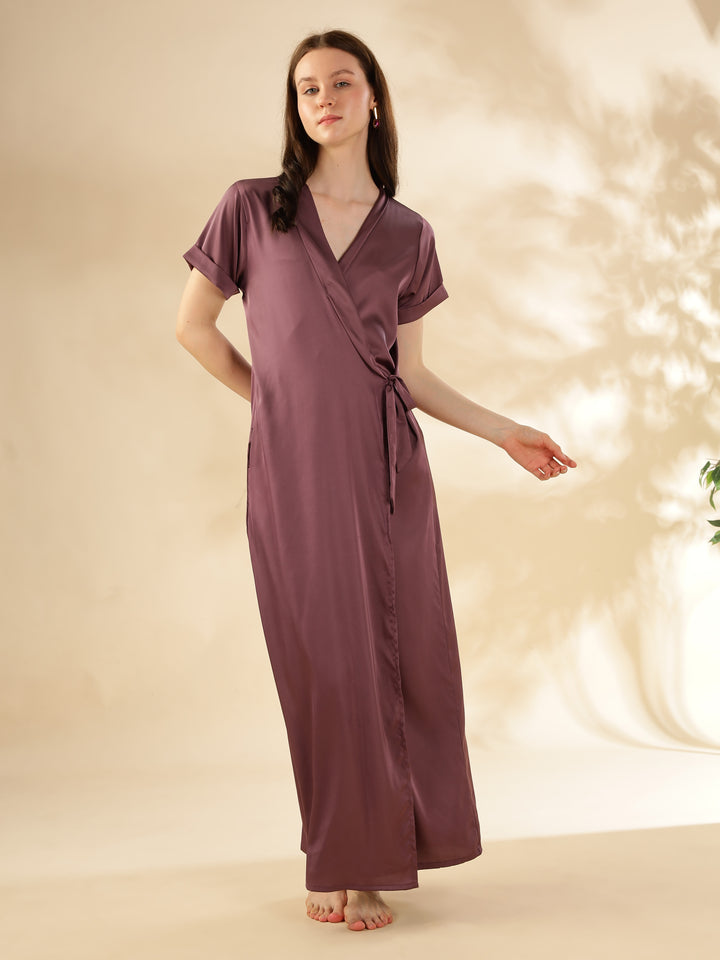 Grape Satin House Coat Elegant Maxi with Short Sleeves and Pockets