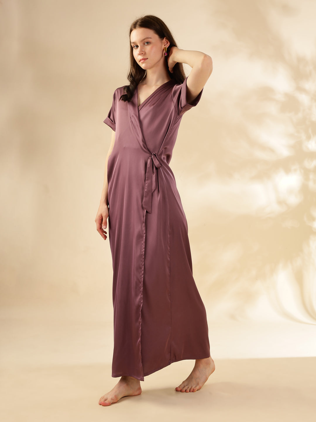 Grape Satin House Coat Elegant Maxi with Short Sleeves and Pockets