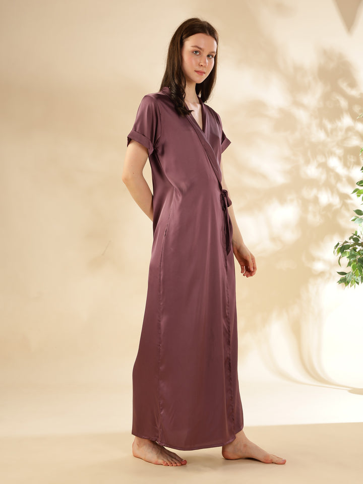 Grape Satin House Coat Elegant Maxi with Short Sleeves and Pockets