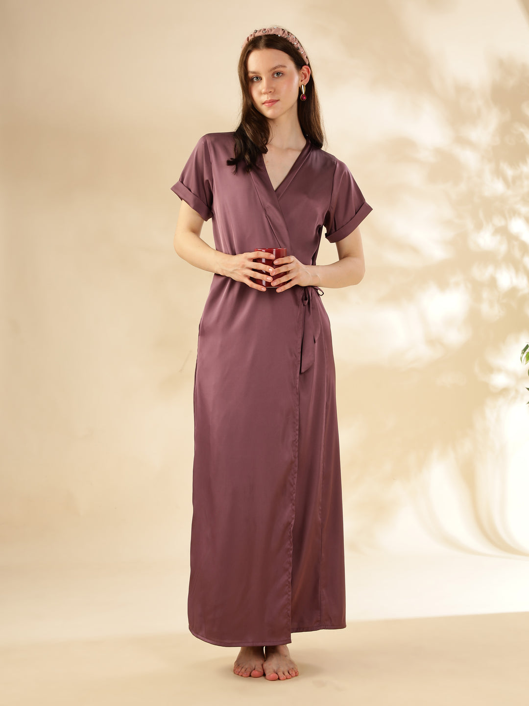 Grape Satin House Coat Elegant Maxi with Short Sleeves and Pockets