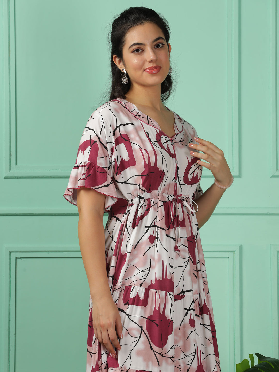 Chic Pink Frock Rayon Nighty - Short Sleeve, V-Neck, Printed Long Nightdress