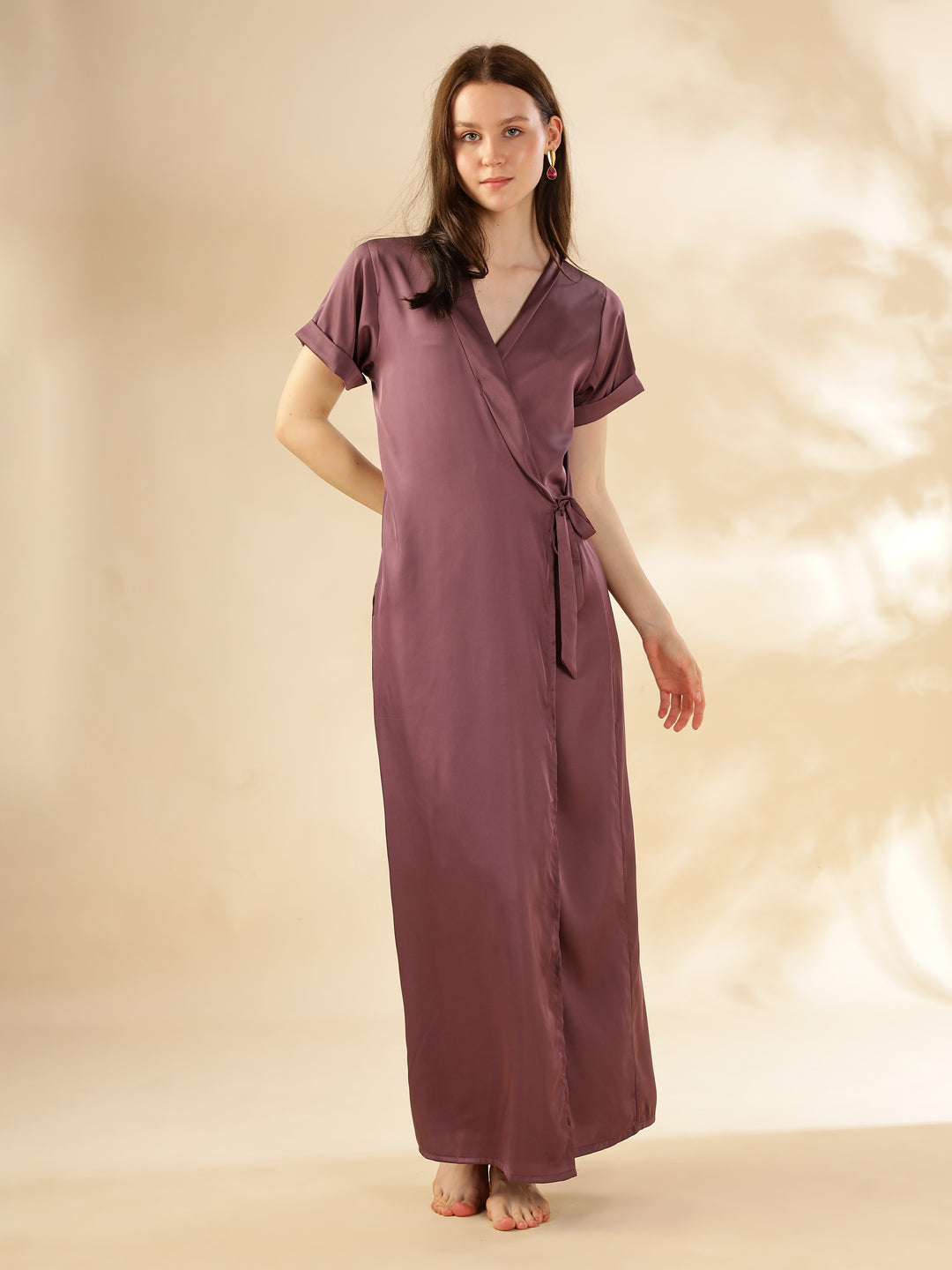 Grape Satin House Coat Elegant Maxi with Short Sleeves and Pockets